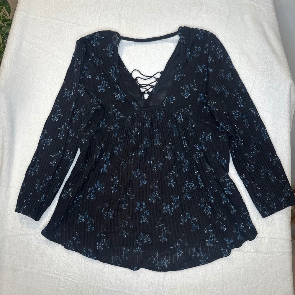 Prairie Boho Lucky Brand Black Blue Floral Crinkle Gauze Lace Up Peasant Top XL